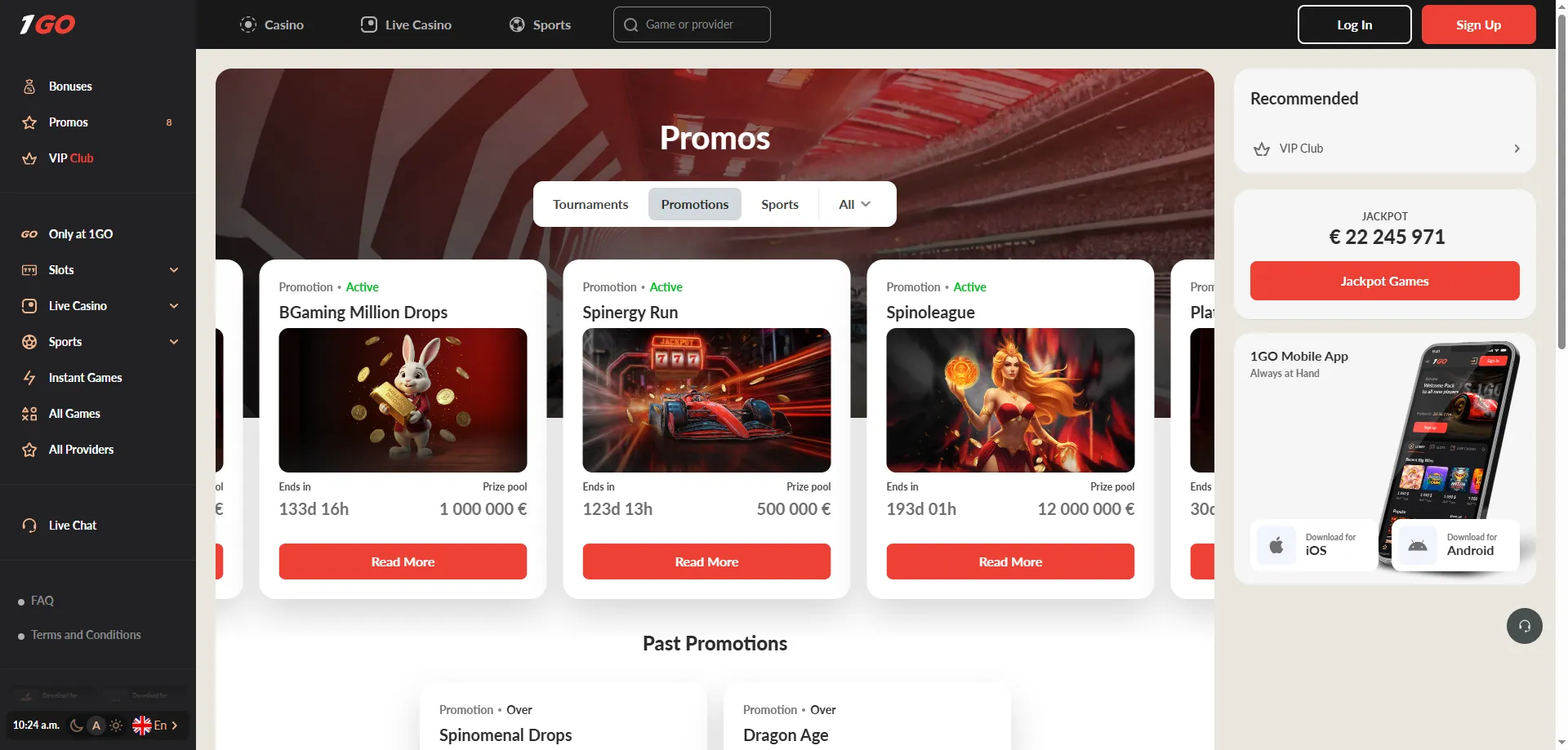 1GO Casino 225% welcome bonus up to 81,000 INR and 400 free spins
