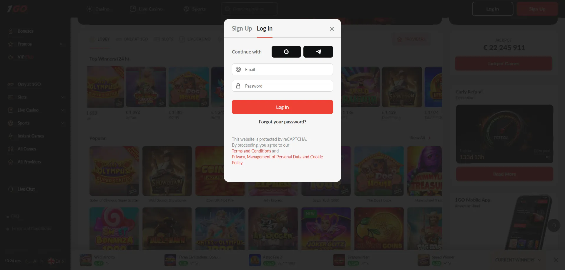 1GO Casino login page — access your account securely