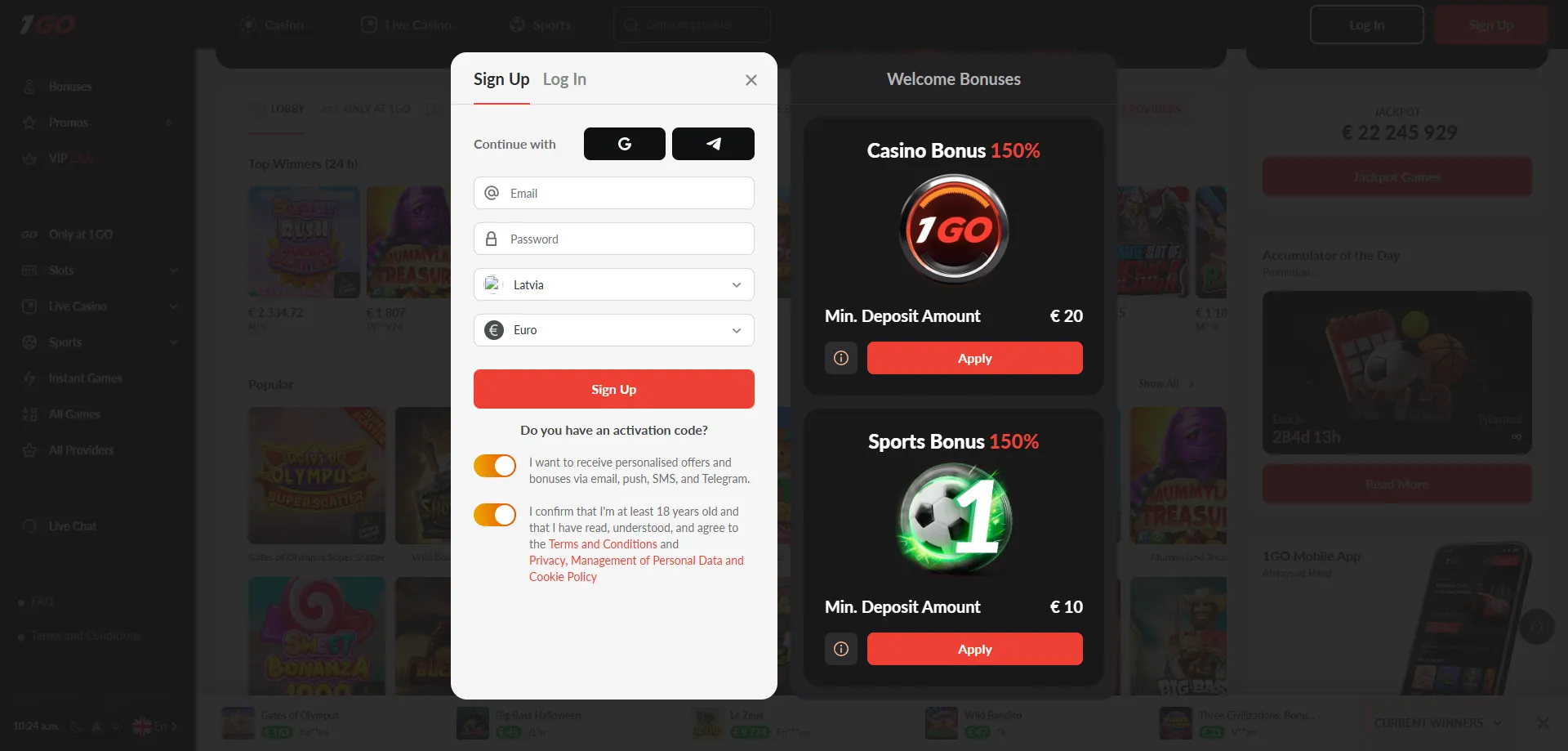 1GO Casino registration — quick sign up in three easy steps