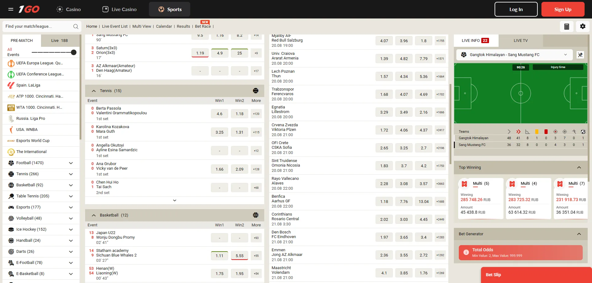 1GO Casino sportsbook — live betting on football, tennis, and basketball