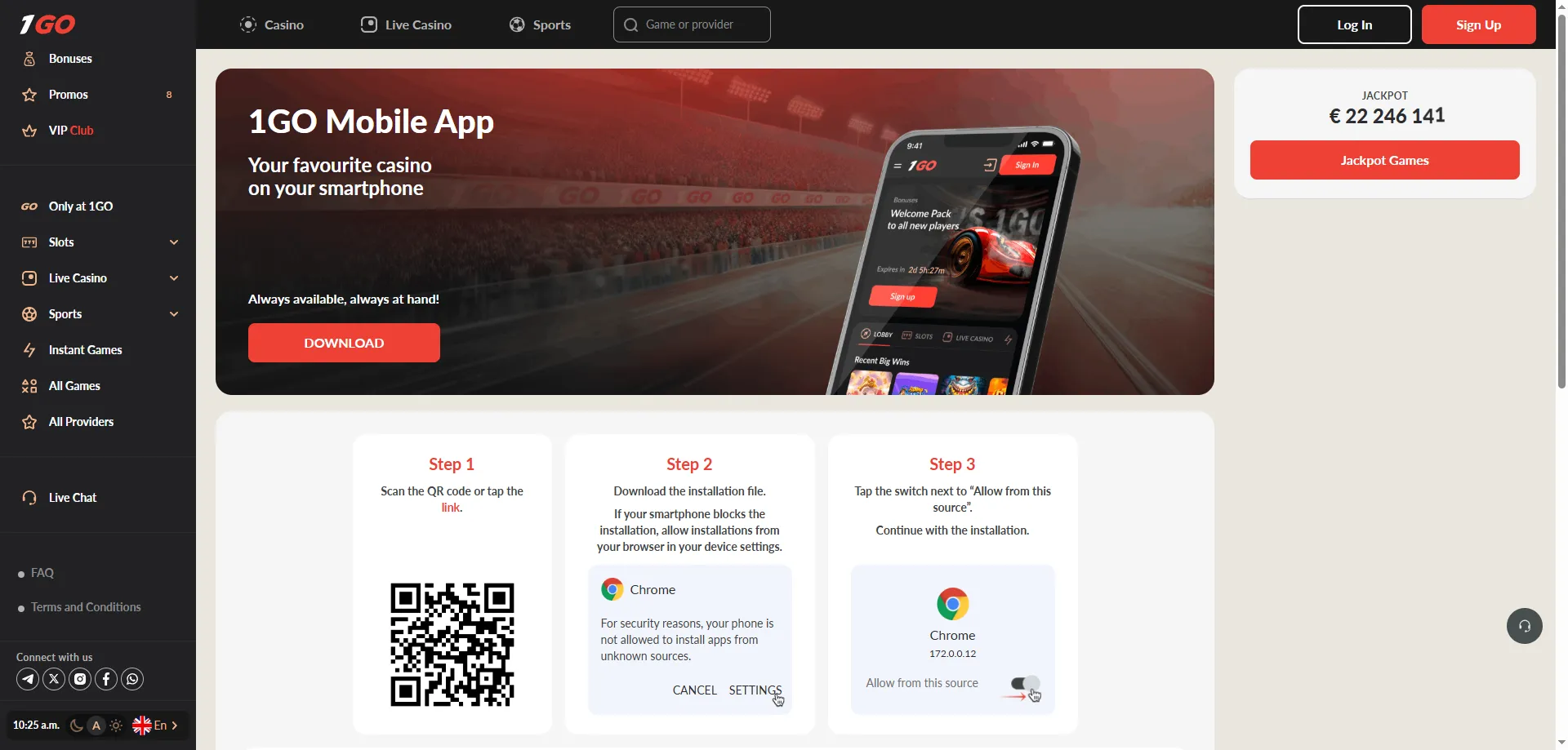 1GO Casino mobile app login on Android and iOS devices